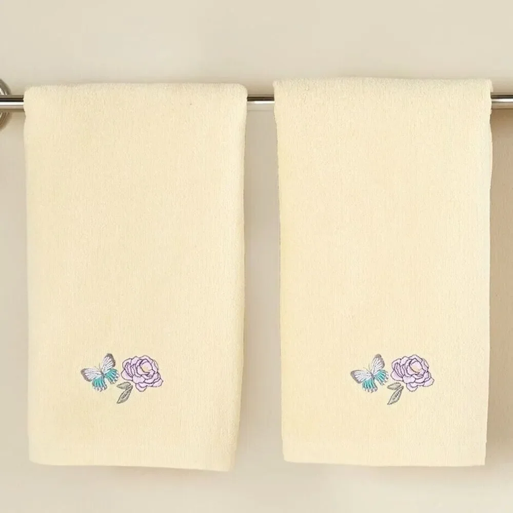 Valentina Embroidered Butterfly Floral Hand Towels Cotton Pale Yellow 2-Pc NEW